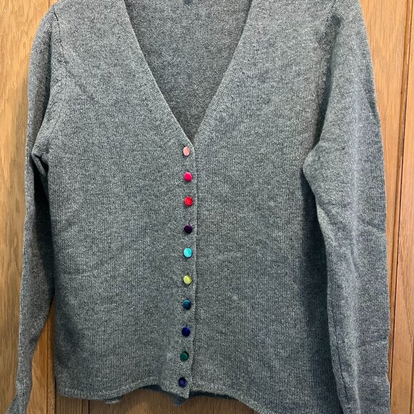100% Cashmere Multi-Color Velvet Button V-Neck Cardigan Sweater Gray - Picture 1 of 4